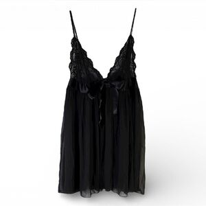 Victorias Secret Black Lace Babydoll Satin Ribbon Camisole Lingerie Size Large